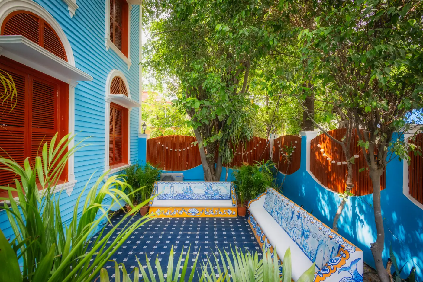 Courtyard seating with blue tiles